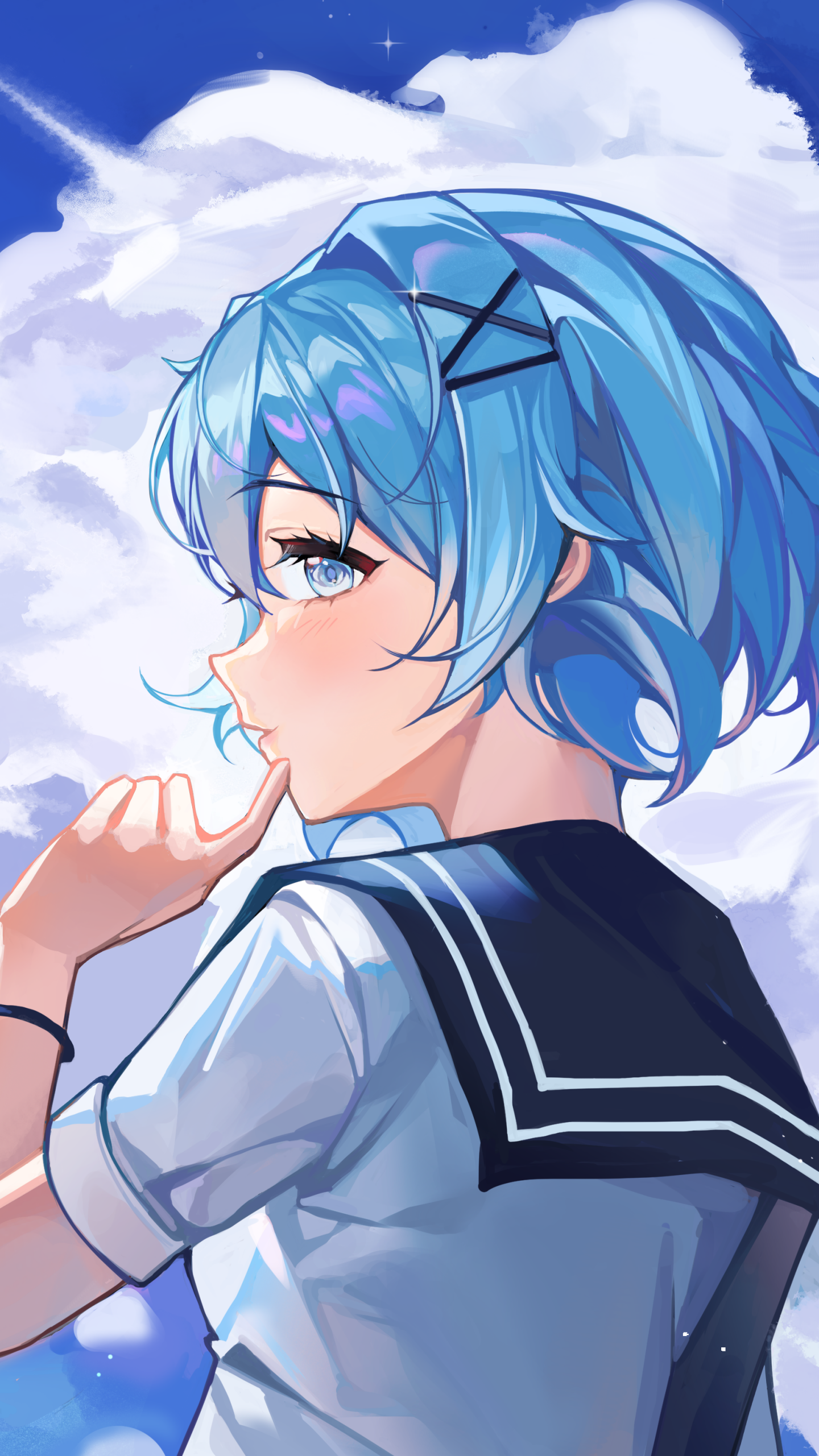 Phone wallpaper of Rem from Re:Zero − Starting Life in Another World: anime profile portrait with short blue hair and a sailor-style uniform against a bright cloudy sky.