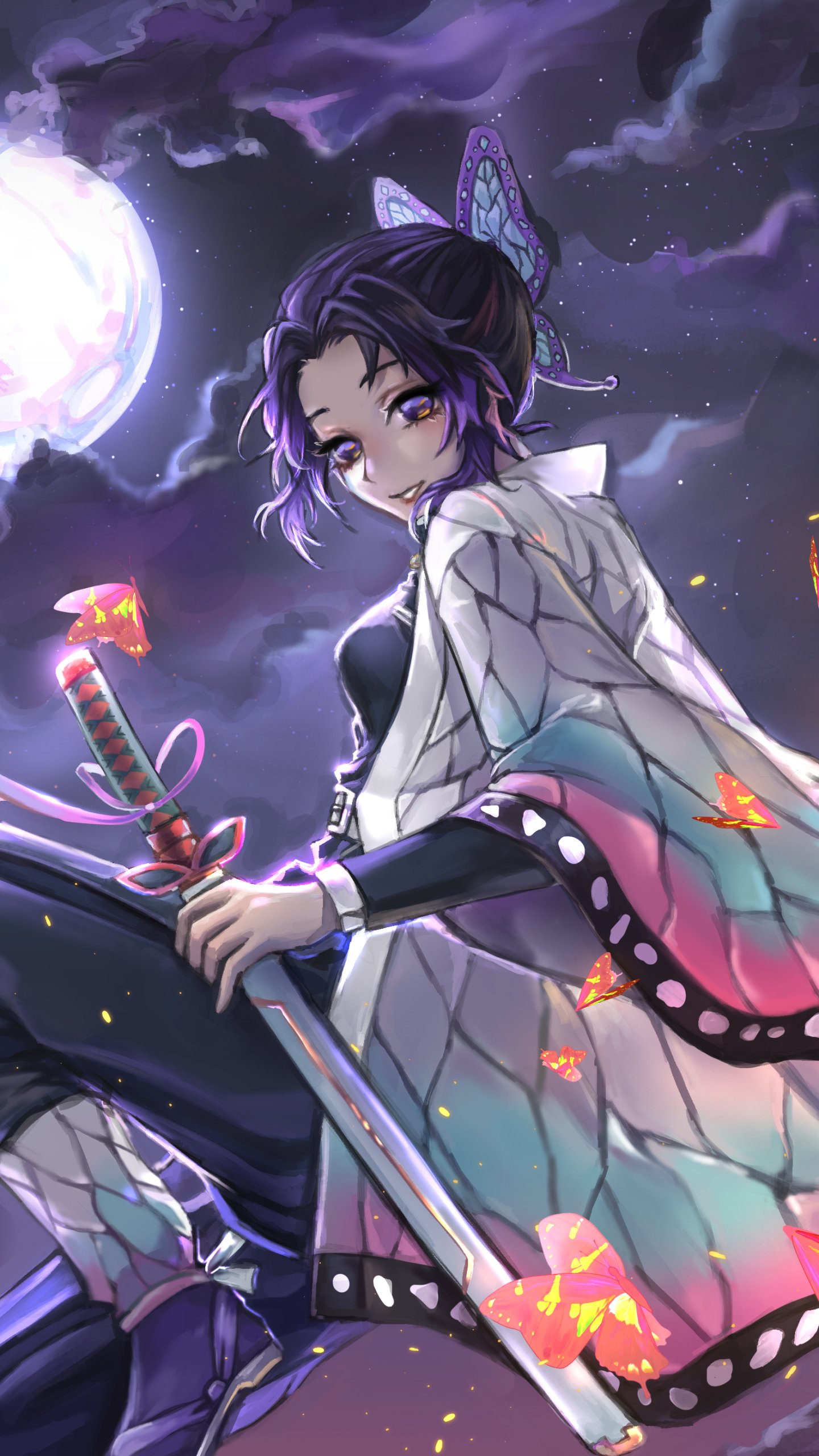 Phone wallpaper of Shinobu Kochou from Demon Slayer: Kimetsu no Yaiba — anime art of her seated with sword under a moonlit purple sky, glowing butterflies and butterfly-patterned haori.
