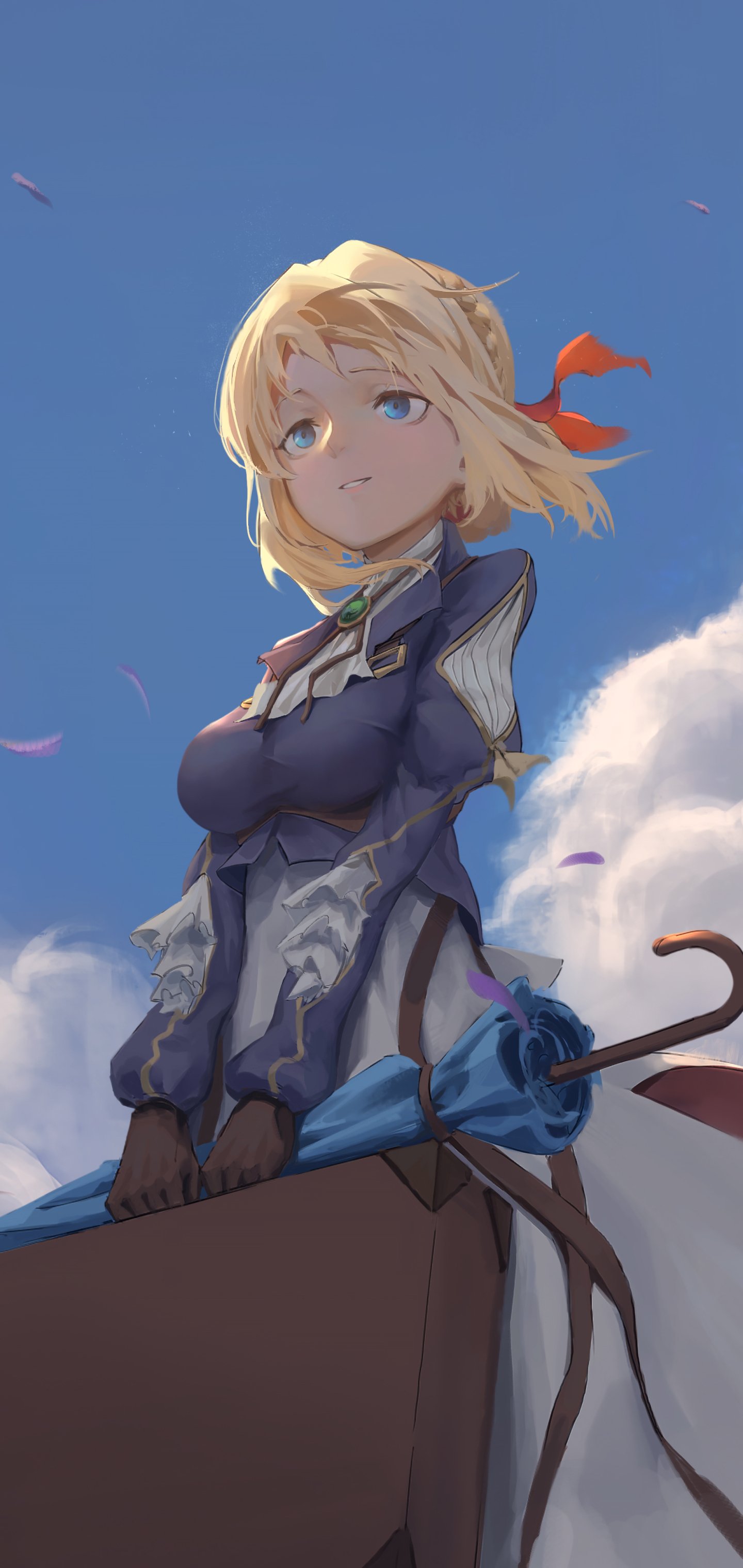 Phone wallpaper featuring Violet Evergarden from the anime, shown with a blue sky background and her iconic outfit, designed for iPhone and Android screens.