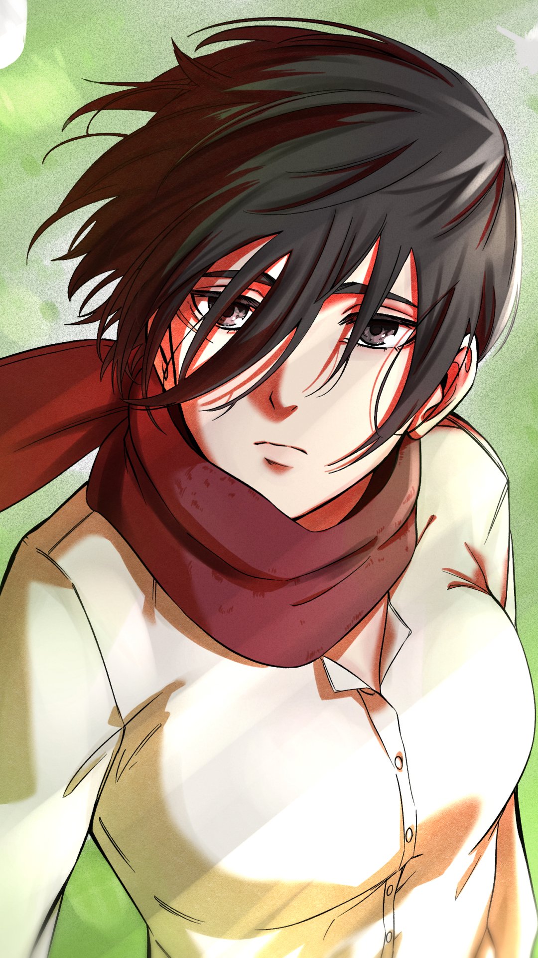 Phone wallpaper featuring Mikasa Ackerman from Attack on Titan in anime style, with a soft green background, designed for iPhone and Android displays.