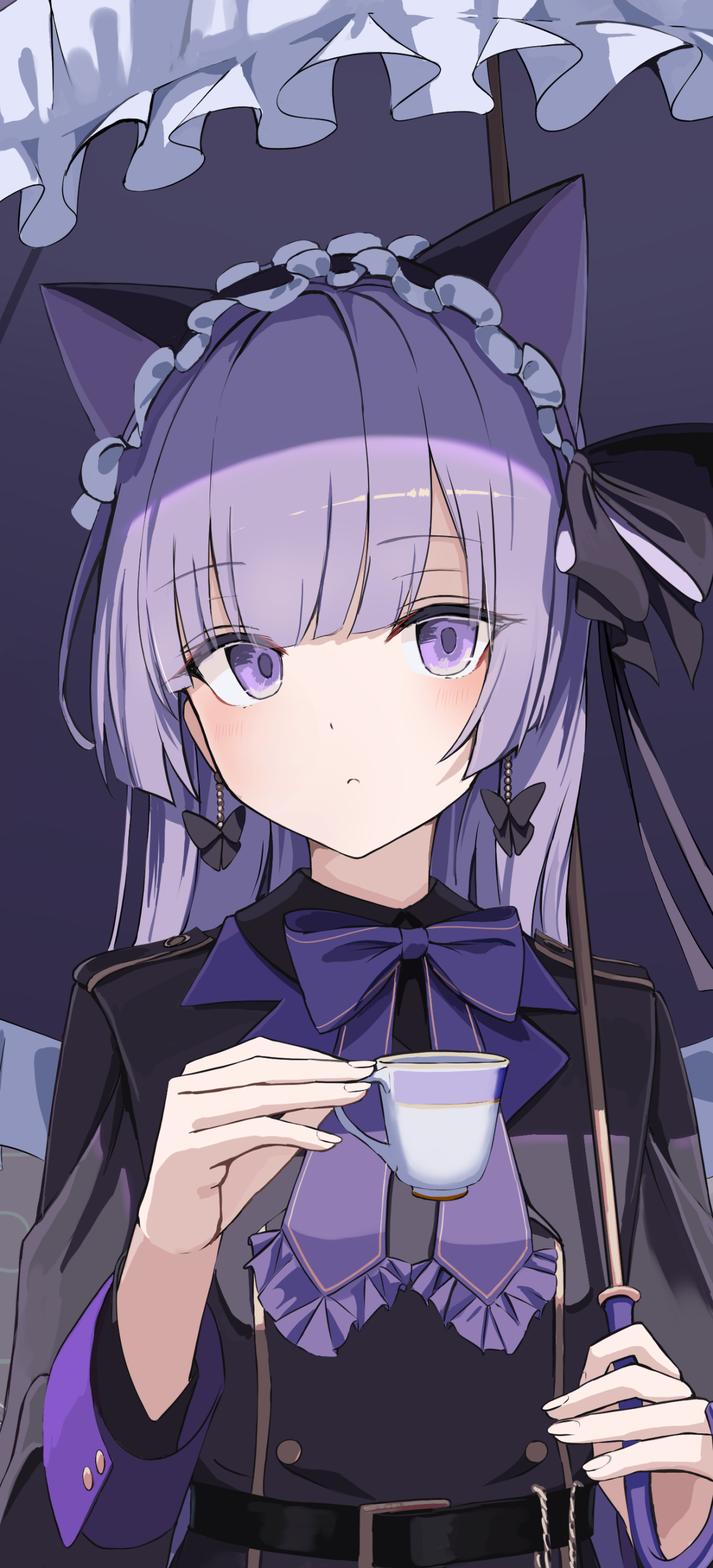 Phone wallpaper depicting an anime girl with lavender hair and cat ears, in a black gothic-lolita dress and ribbon, holding a teacup and parasol against a dark backdrop.