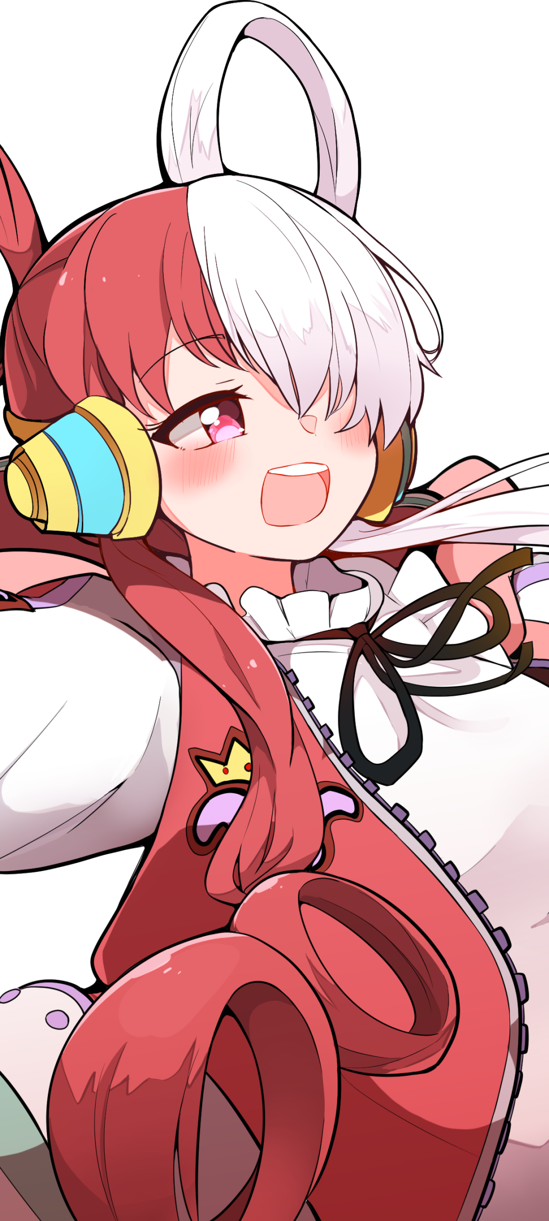 Phone wallpaper of Uta (One Piece): anime portrait of a smiling pink-and-white-haired singer wearing headphones and a red jacket.