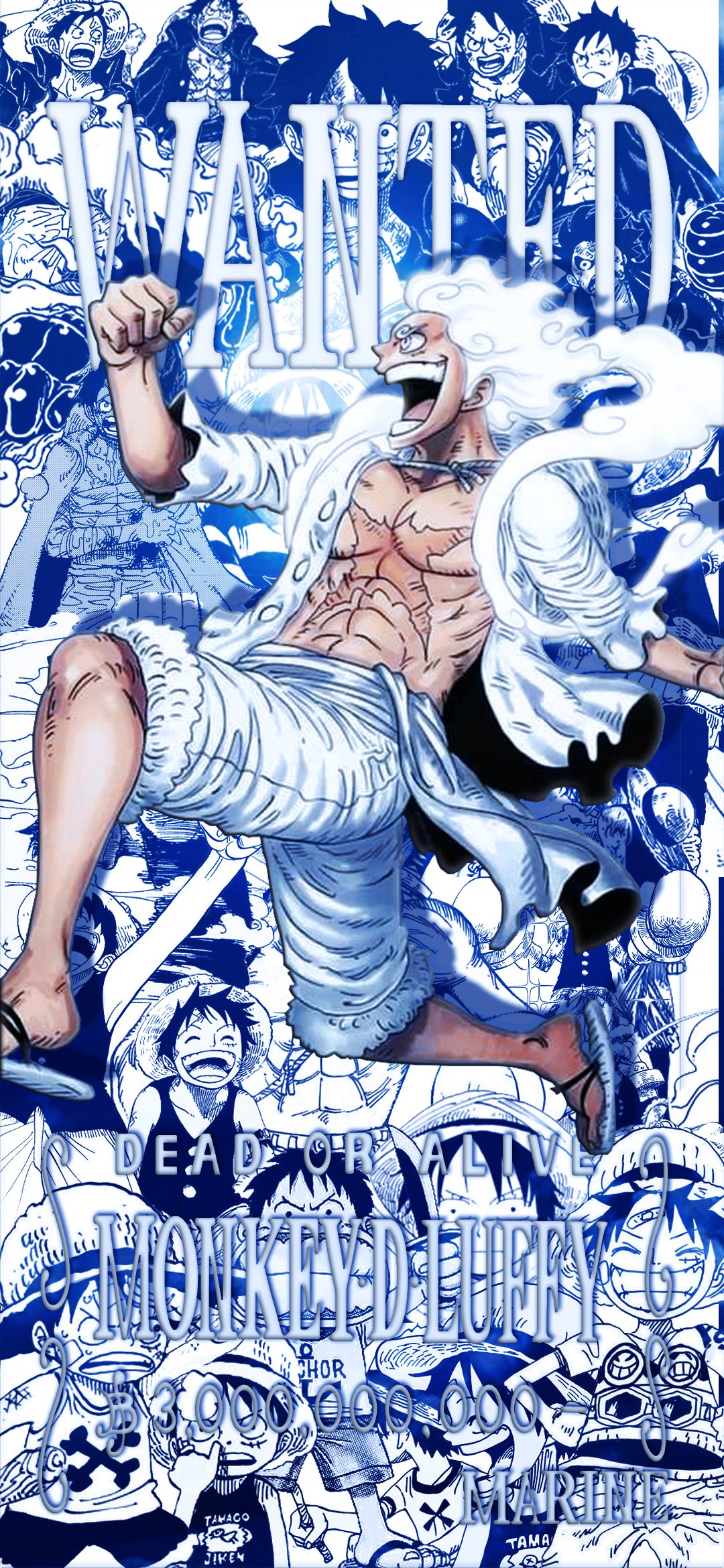 Phone wallpaper featuring Monkey D. Luffy in dynamic pose with a blue WANTED One Piece anime design, compatible with iPhones and Android devices.