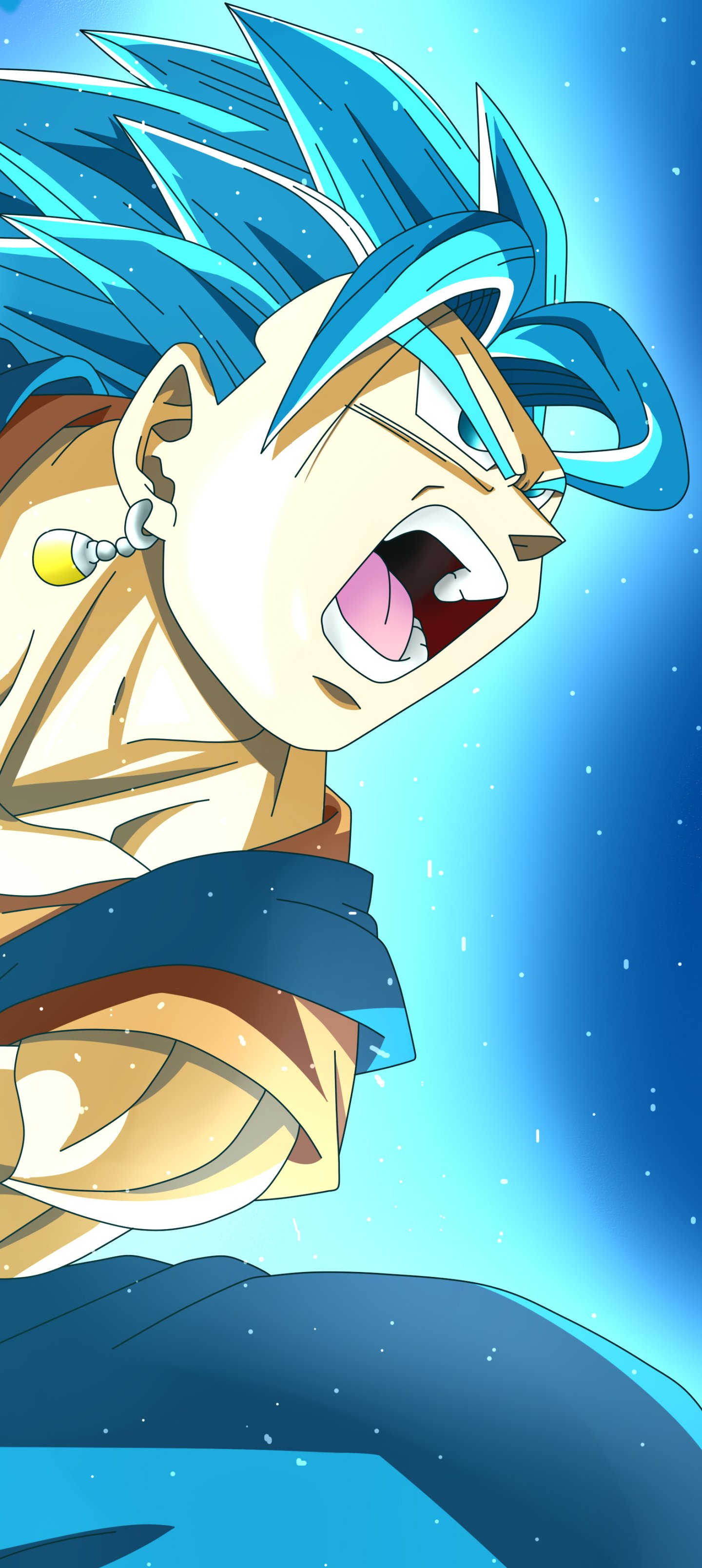 Vegito (Dragon Ball) in Super Saiyan Blue phone wallpaper — roaring with glowing blue aura, anime-style Dragon Ball Super art.