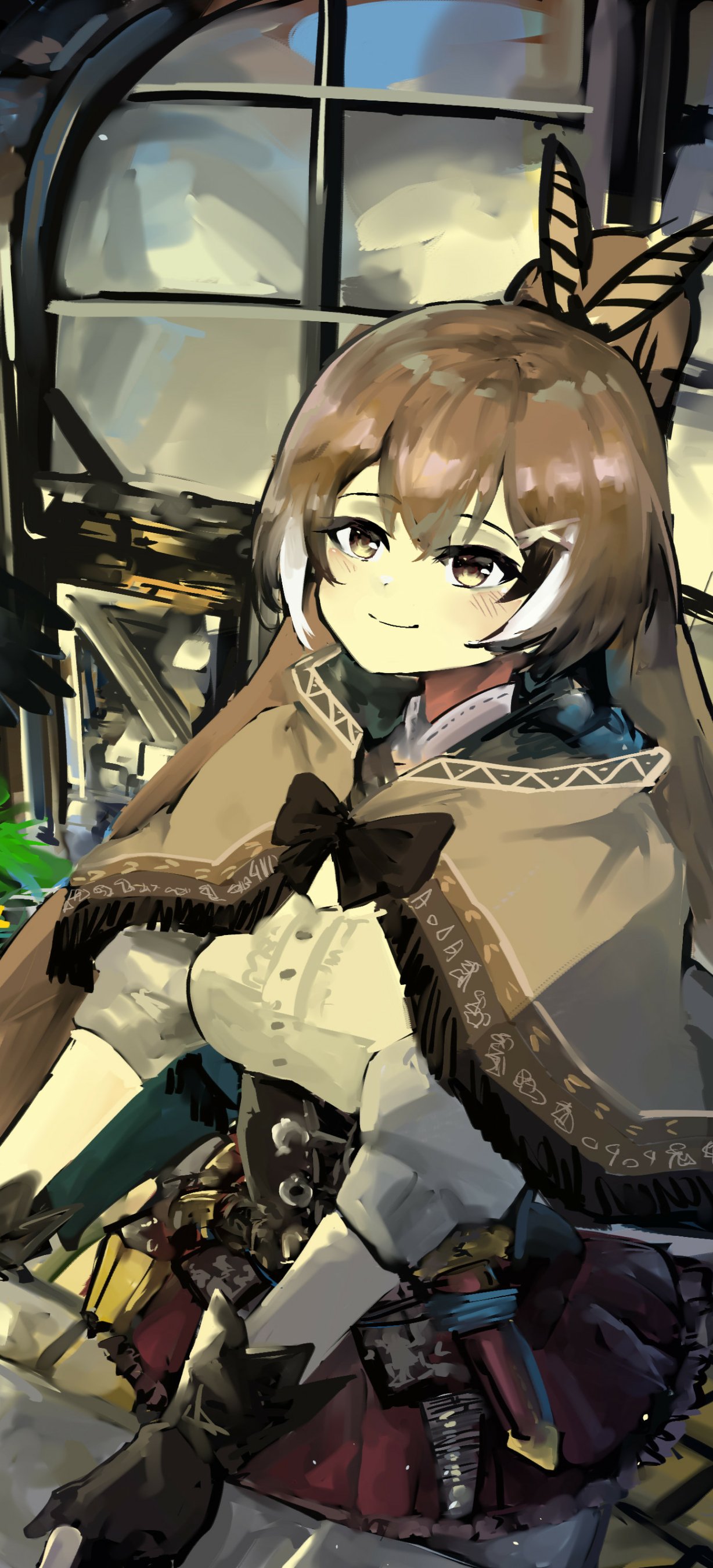 Phone wallpaper featuring Nanashi Mumei, anime Virtual YouTuber, smiling in a brown cloak by a sunlit windowed workshop, warm tones and detailed steampunk accessories.