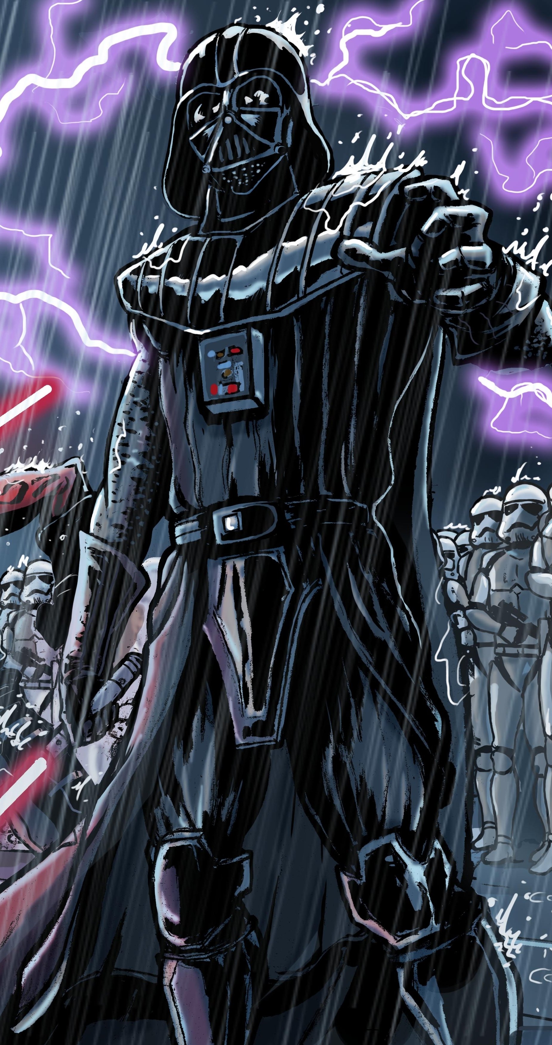 Comic-style Darth Vader looms in pouring rain with purple lightning crackling, flanked by stormtroopers and red lightsabers — Star Wars phone wallpaper.