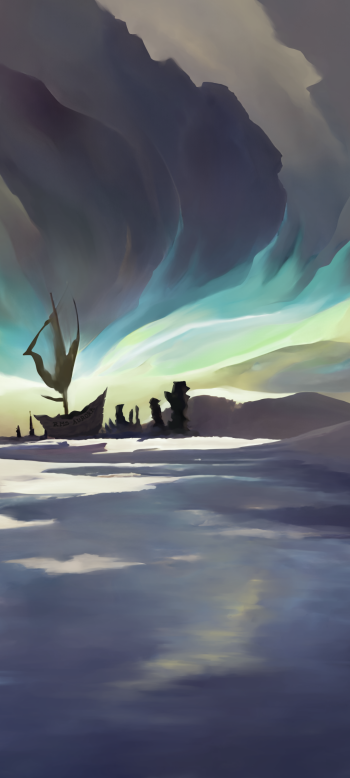  Digital painting of an aurora borealis above a shipwreck in a frozen land