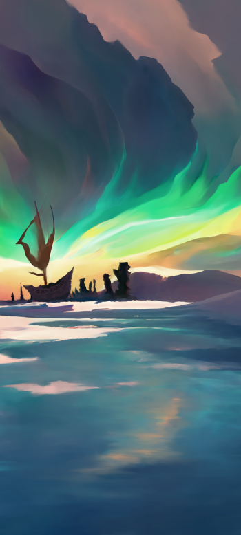  Digital painting of an aurora borealis above a shipwreck in a frozen land