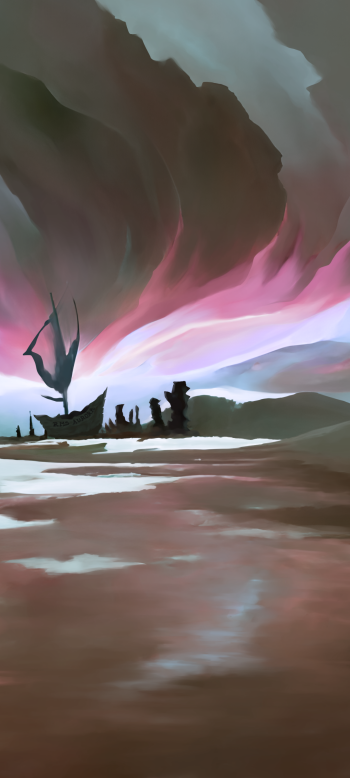  Digital painting of an aurora borealis above a shipwreck in a frozen land
