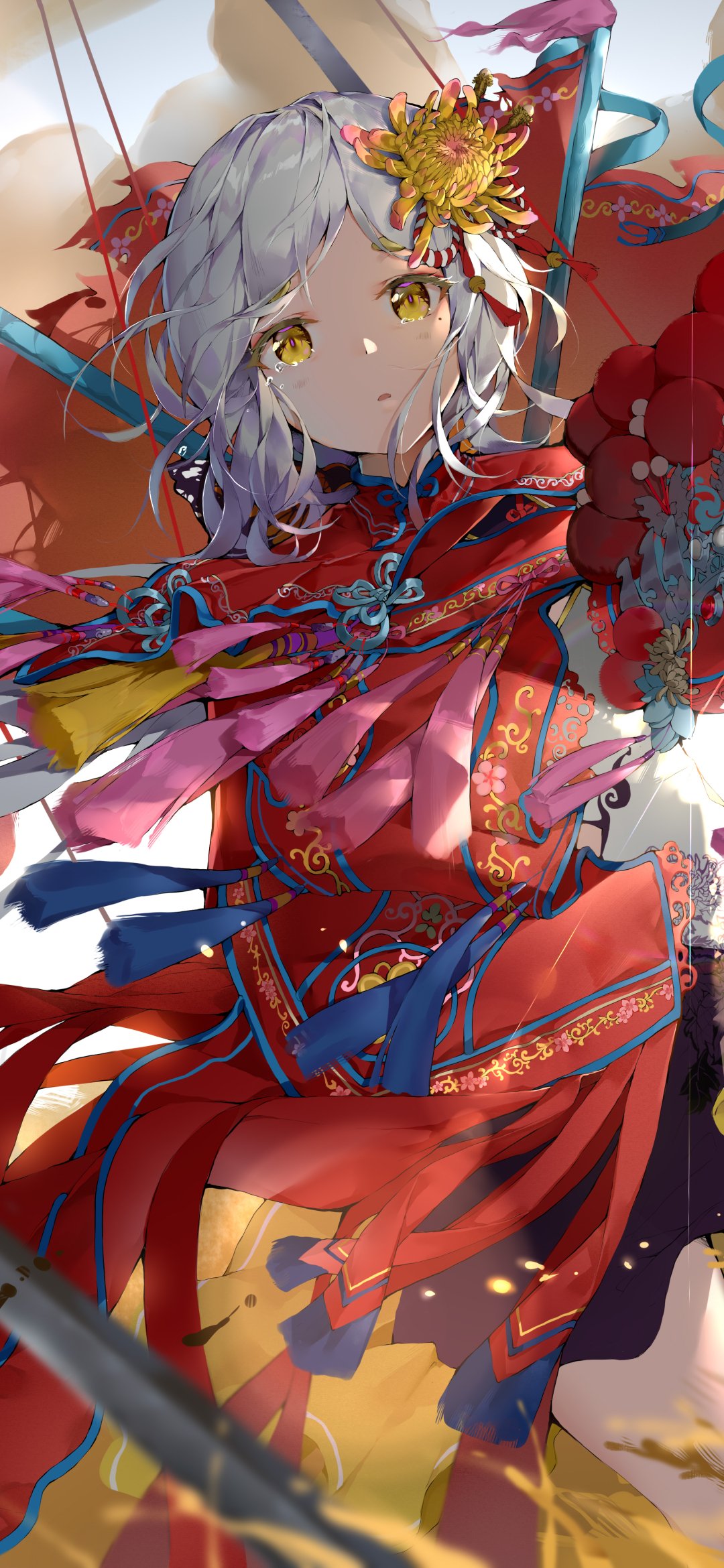 Anime phone wallpaper featuring an anime girl — a silver-haired girl with golden eyes in ornate red robes, flowing ribbons and a gold flower hair ornament, posed dynamically against a warm backdrop.