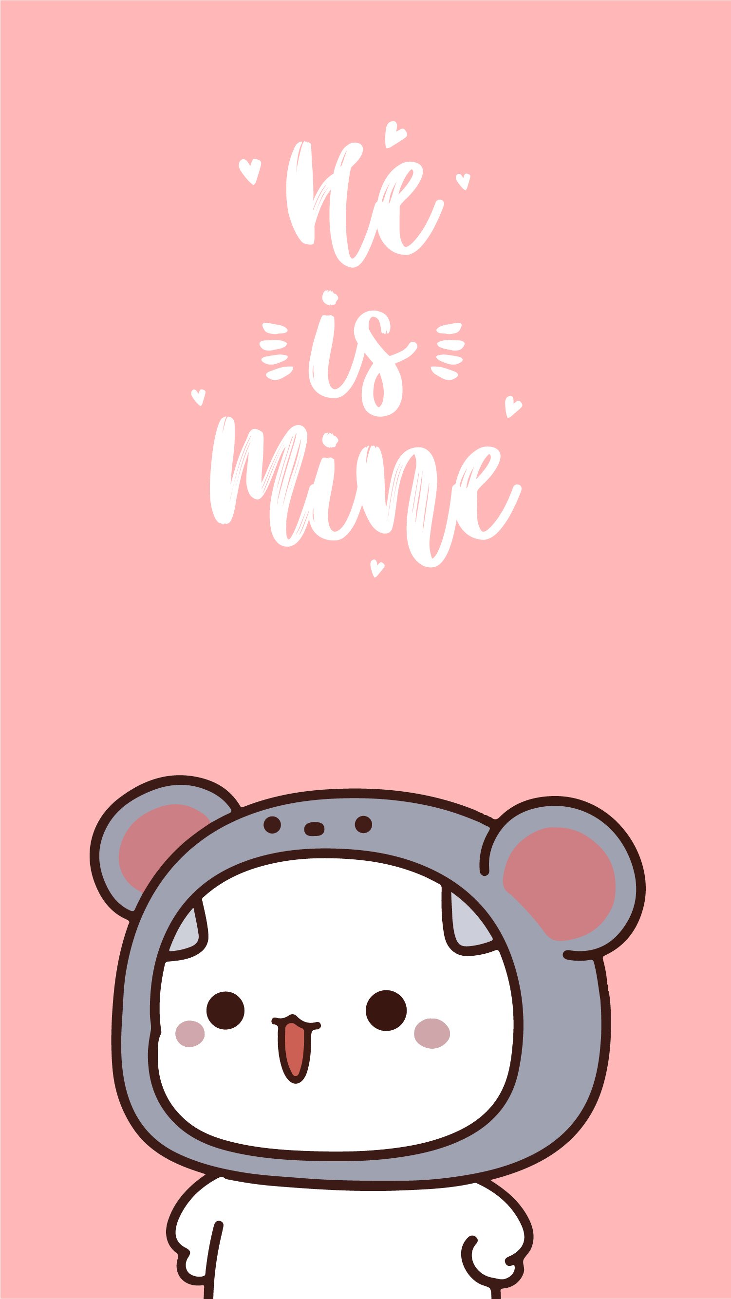 Cute phone wallpaper: white chibi in a gray bear hood with blushing cheeks under hand-lettered He is mine text — playful pair-themed artwork.
