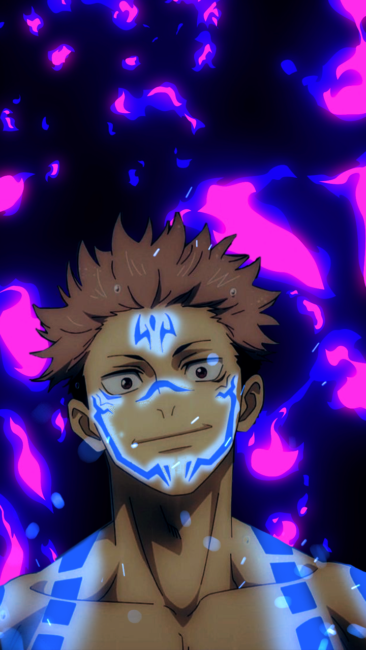 Sukuna from Jujutsu Kaisen as a phone wallpaper: grinning with glowing blue markings and blue-purple fire swirling behind him, anime style.