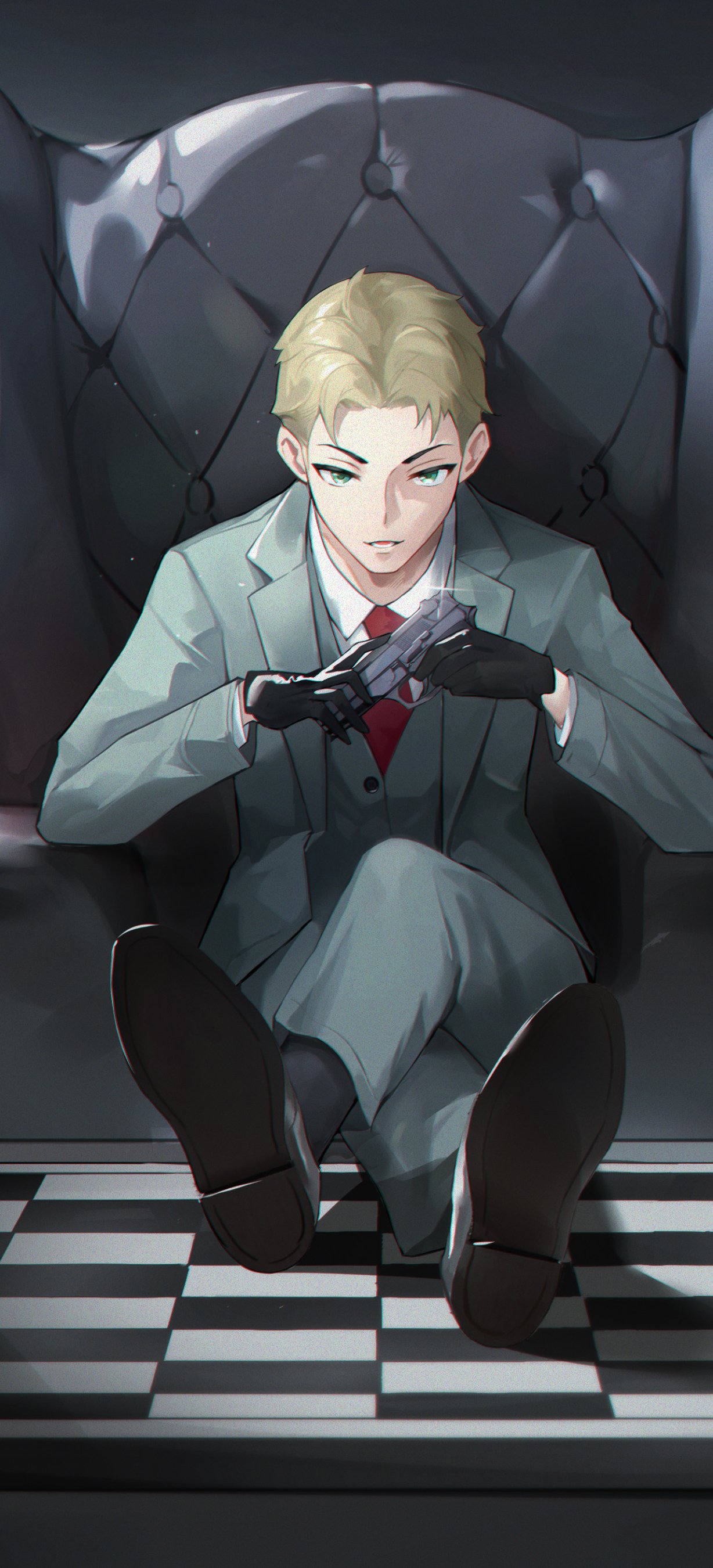 Phone wallpaper of Loid Forger (Anime, Spy x Family): seated in a tufted chair in a pale suit and red tie, gloved hands clasped, cool posture and intense gaze.