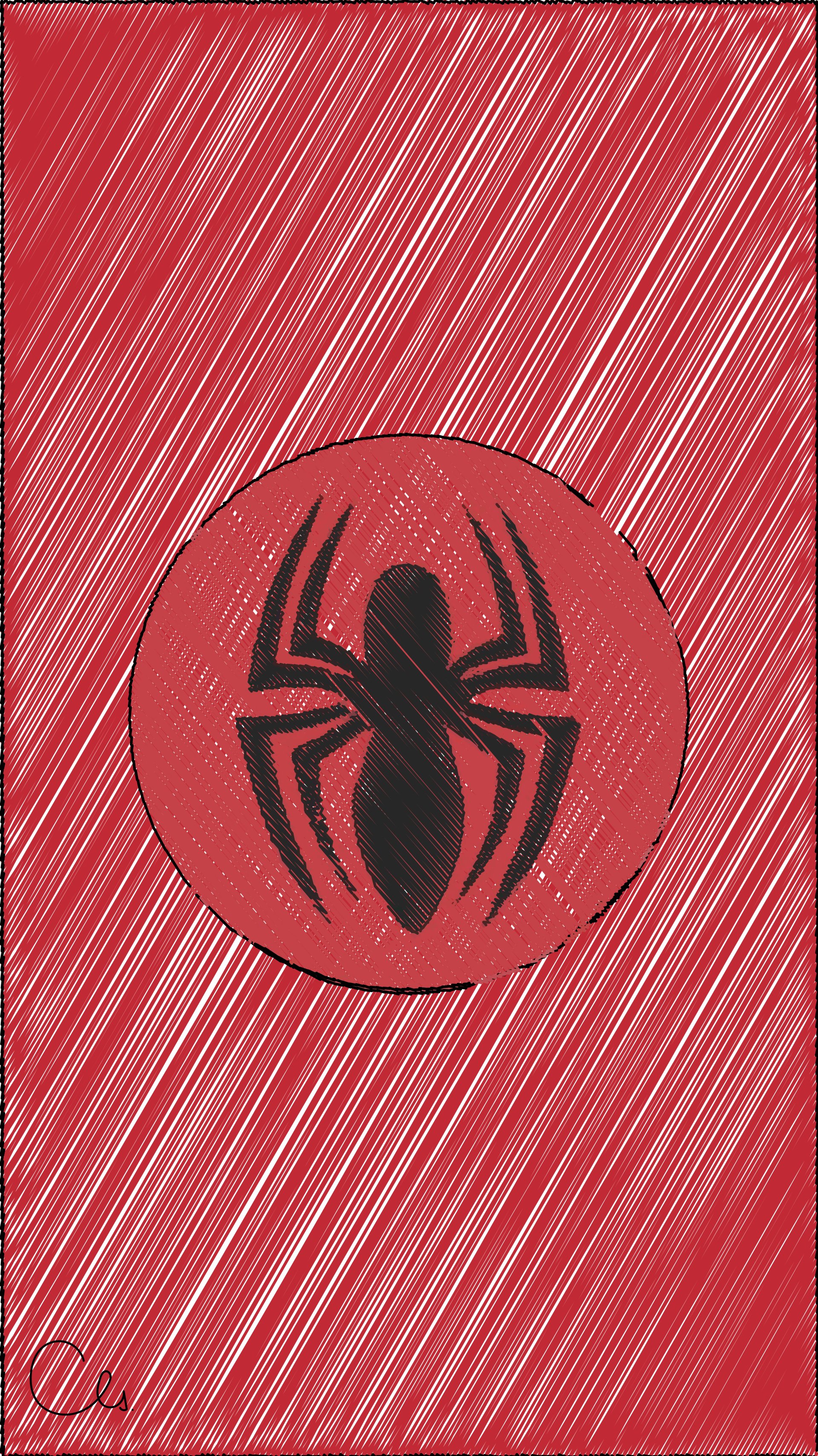 Comic-style Spider-Man black spider emblem centered on a red hatched background; vertical phone wallpaper.