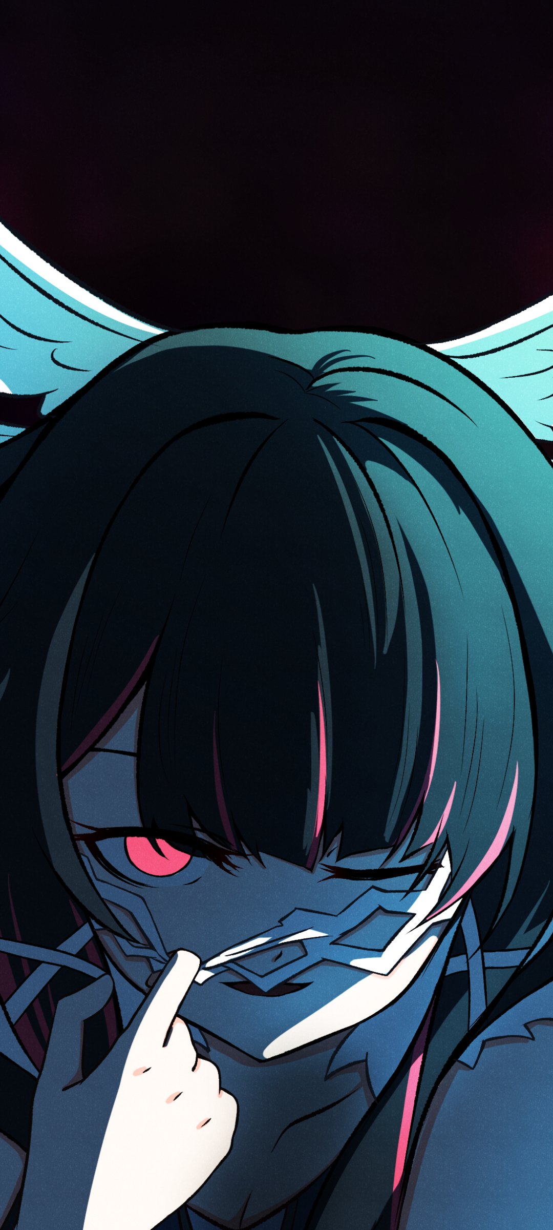 Phone wallpaper of Columbina (Genshin Impact) from the video game: close-up of her teal hair, one glowing pink eye, and a finger lifting a torn half-mask against a dark backdrop.