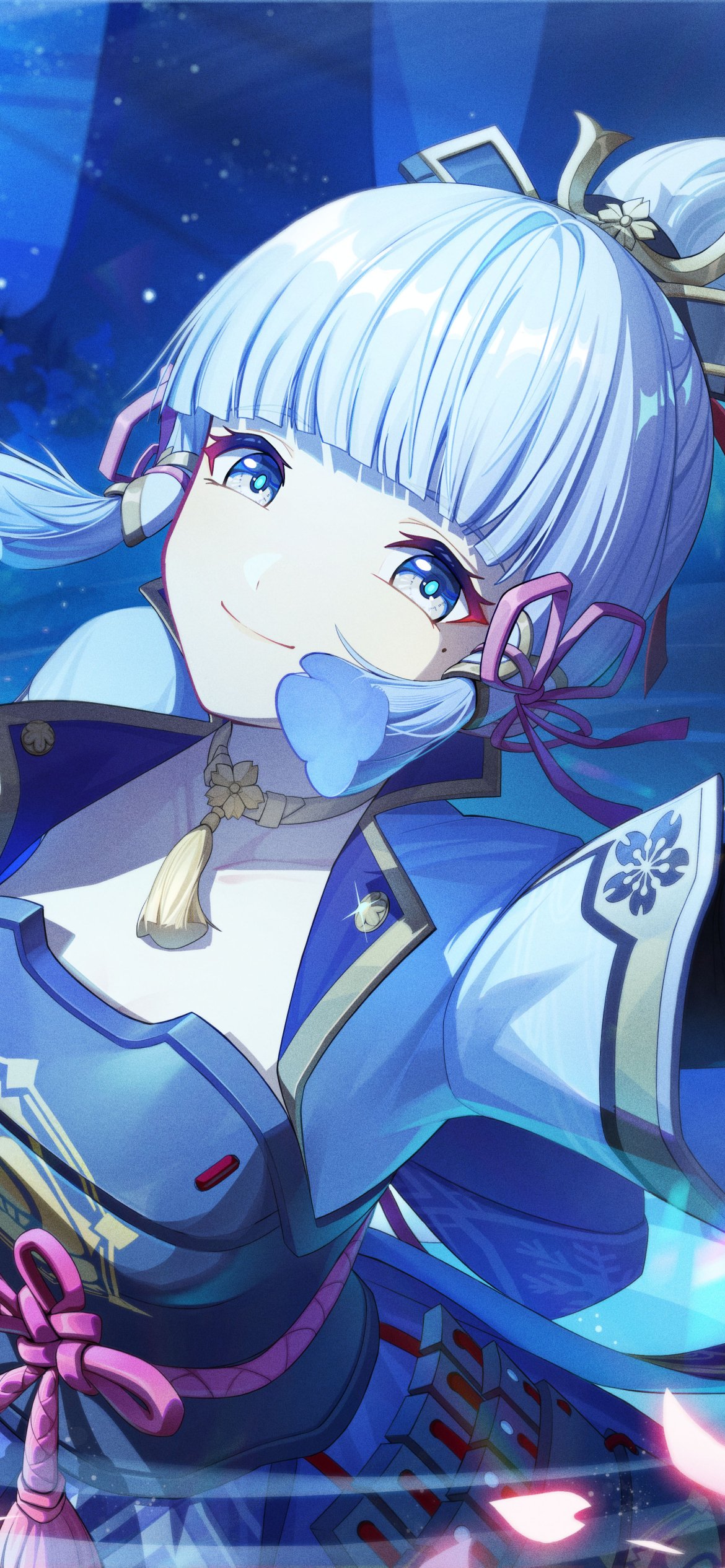 Phone wallpaper of Kamisato Ayaka from the video game Genshin Impact — close-up portrait with icy-blue hair, kimono-inspired outfit, butterfly motif and a serene smile against a shimmering blue backdrop.