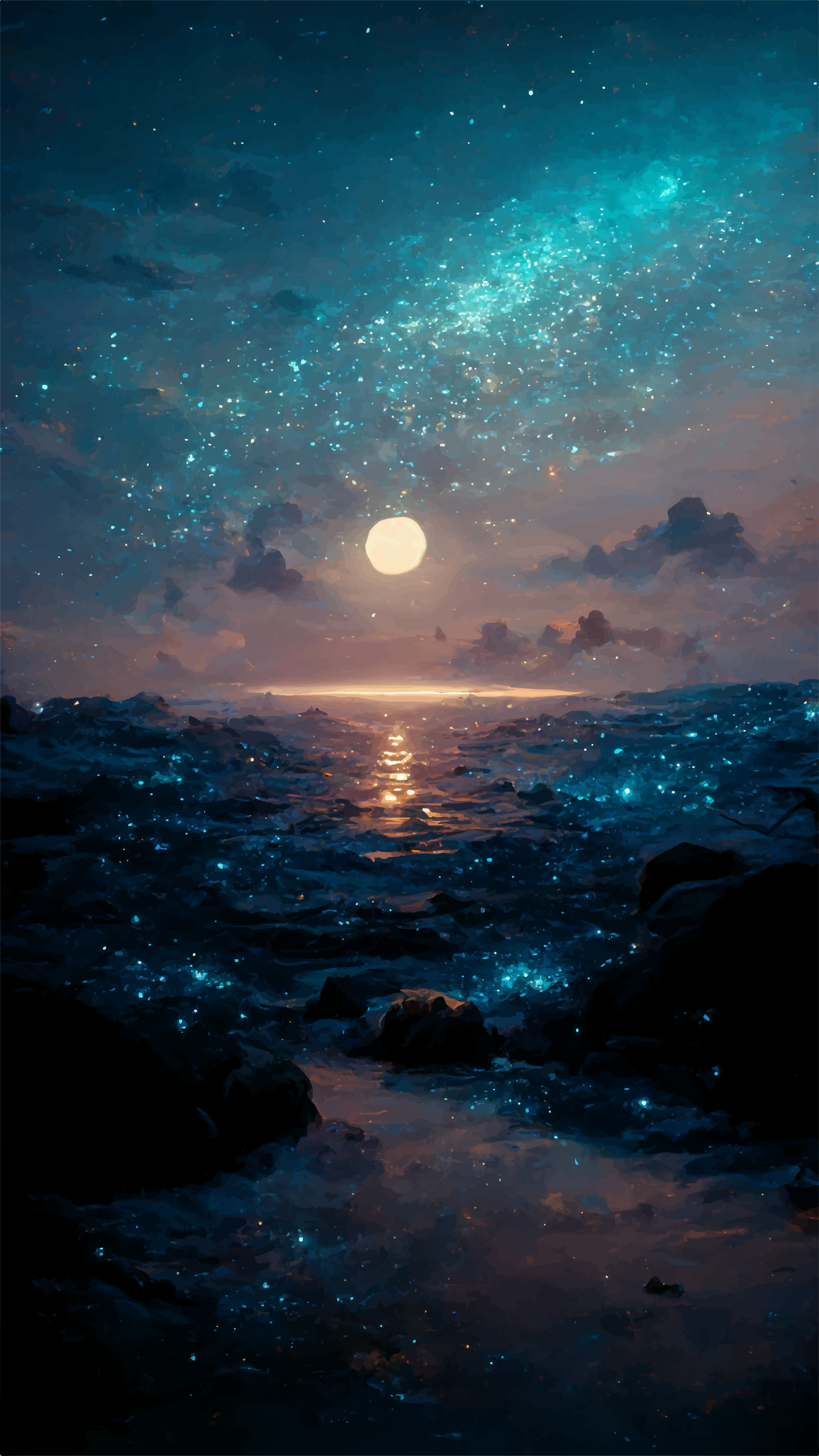 Phone wallpaper, Digital Art: luminous moon over a shimmering ocean, Milky Way and scattered stars in an artistic, dreamy seascape.