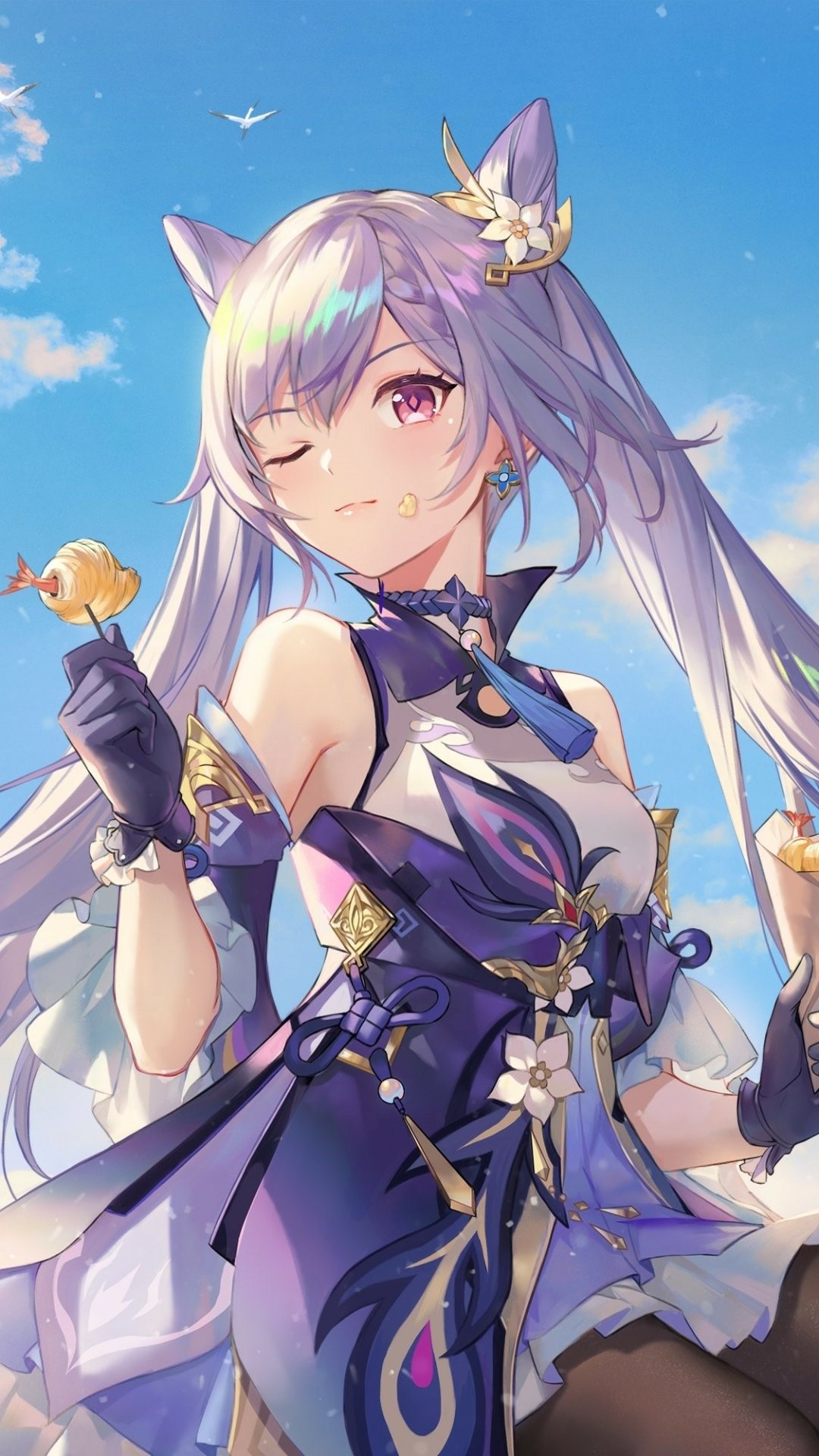 Phone wallpaper of Keqing from the video game Genshin Impact: violet-haired, cat-eared character in ornate purple outfit winks against a bright blue sky, holding tiny golden birds.