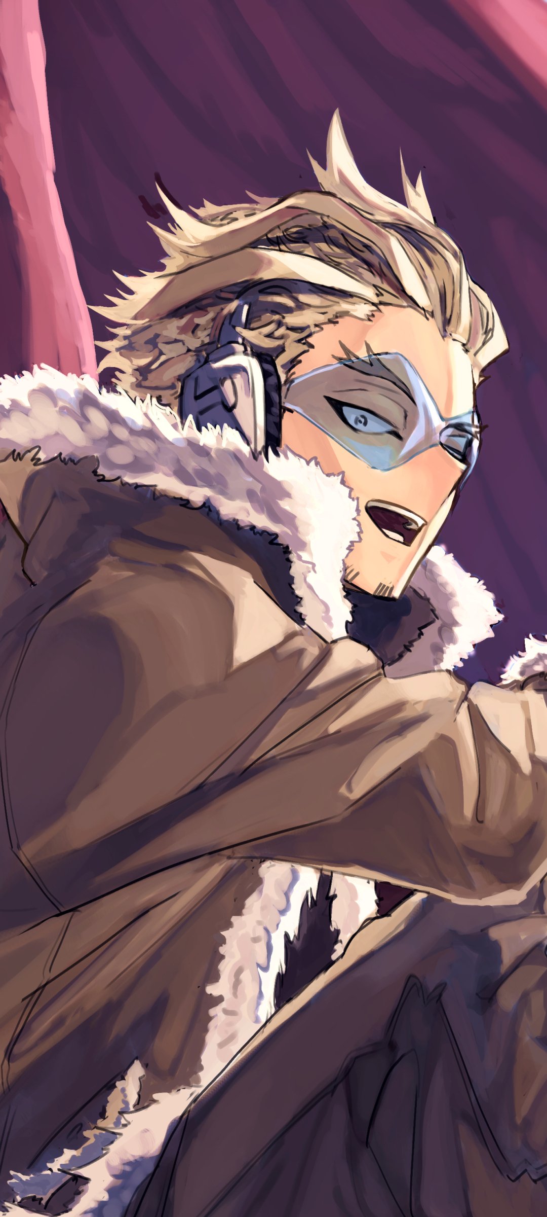 Hawks (Keigo Takami) phone wallpaper from My Hero Academia (Boku No Hero Academia) — anime close-up of him grinning in a fur-trimmed jacket and goggles against a purple backdrop.