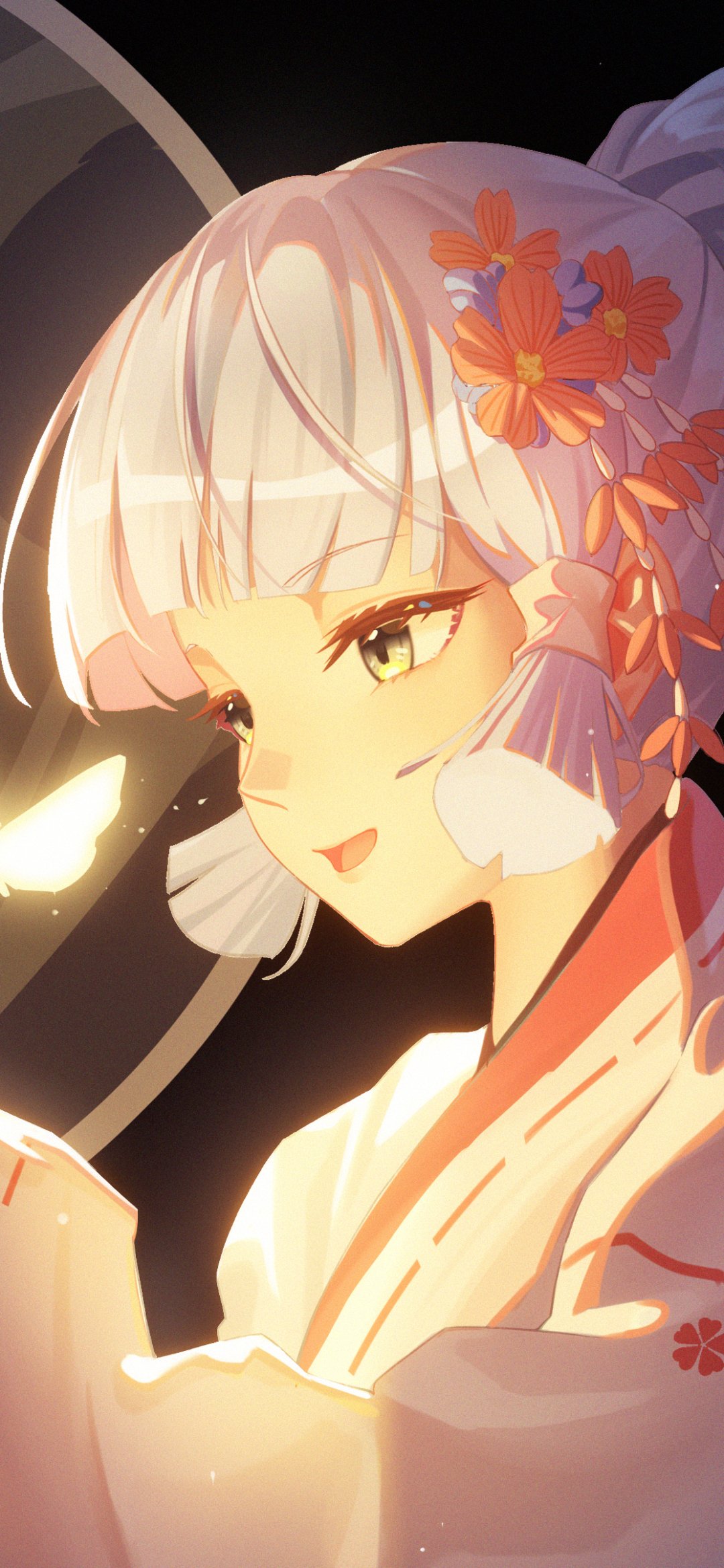 Phone wallpaper of Kamisato Ayaka (Genshin Impact): close-up profile with pale hair, orange floral hairpins, soft warm glow and a small glowing butterfly of light.