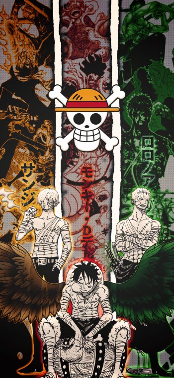 Phone wallpaper featuring Sanji, Roronoa Zoro, and Monkey D. Luffy from One Piece with the iconic Straw Hat Pirates logo in the center.