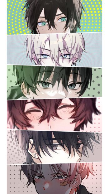 Phone wallpaper of stacked close-up panels of six anime boys, each anime boy with different hair colors and expressive eyes against dotted or striped pastel backgrounds.