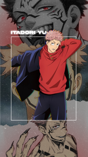 Phone wallpaper featuring Yuji Itadori from Jujutsu Kaisen with dynamic layered anime art, compatible with both iPhone and Android displays.