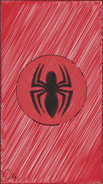 Comic-style Spider-Man black spider emblem centered on a red hatched background; vertical phone wallpaper.