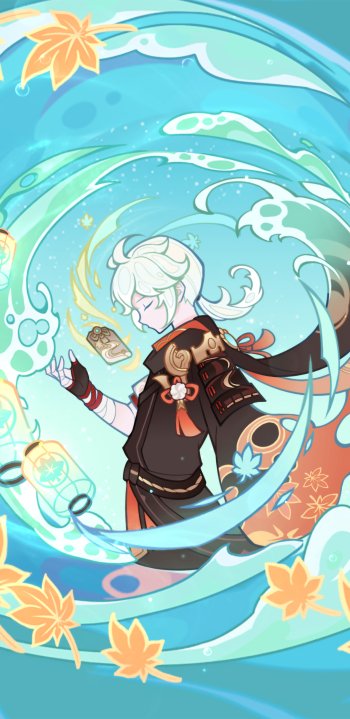 Phone wallpaper of Kaedehara Kazuha from the video game Genshin Impact: white-haired anime-style character in a red-black outfit, eyes closed amid swirling teal wind and falling orange maple leaves.