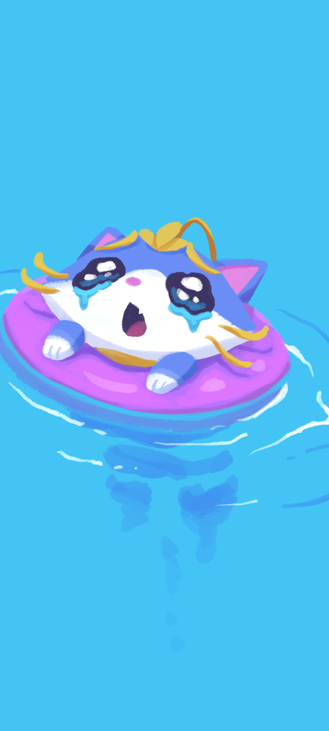 Phone wallpaper of Yuumi from League of Legends — chibi cat with tearful eyes floating on a pink inner tube in bright blue water, video game art.