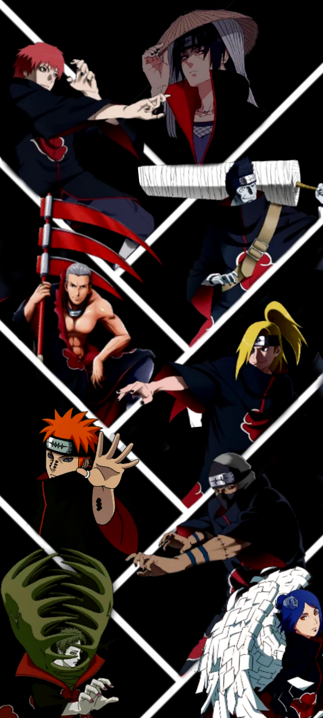 Phone wallpaper featuring Itachi Uchiha and key Naruto anime characters in dynamic poses, designed for iPhones and Android devices with a bold, dark aesthetic.