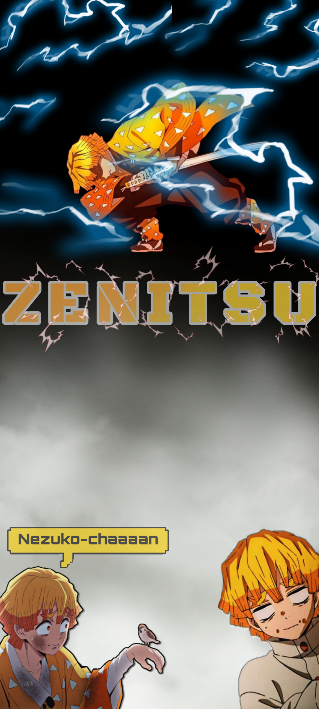 Phone wallpaper of Zenitsu Agatsuma from Demon Slayer: Kimetsu no Yaiba — lightning-charged attack over a bold ZENITSU logo, with two chibi Zenitsus below, one exclaiming Nezuko-chaaaan.