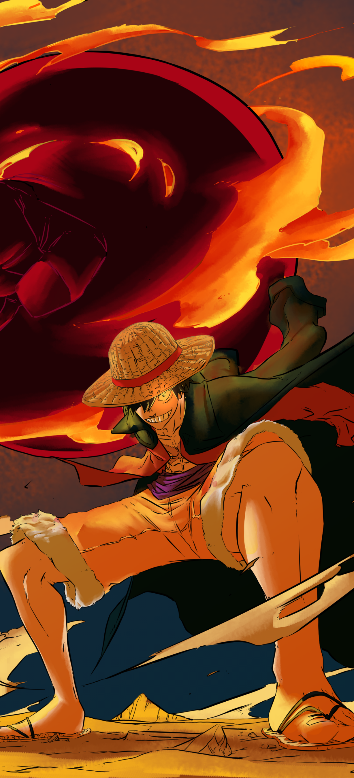 Phone wallpaper featuring Monkey D. Luffy (One Piece anime) lunging forward in his straw hat as fiery, swirling flames erupt behind him, dynamic orange-red action composition.