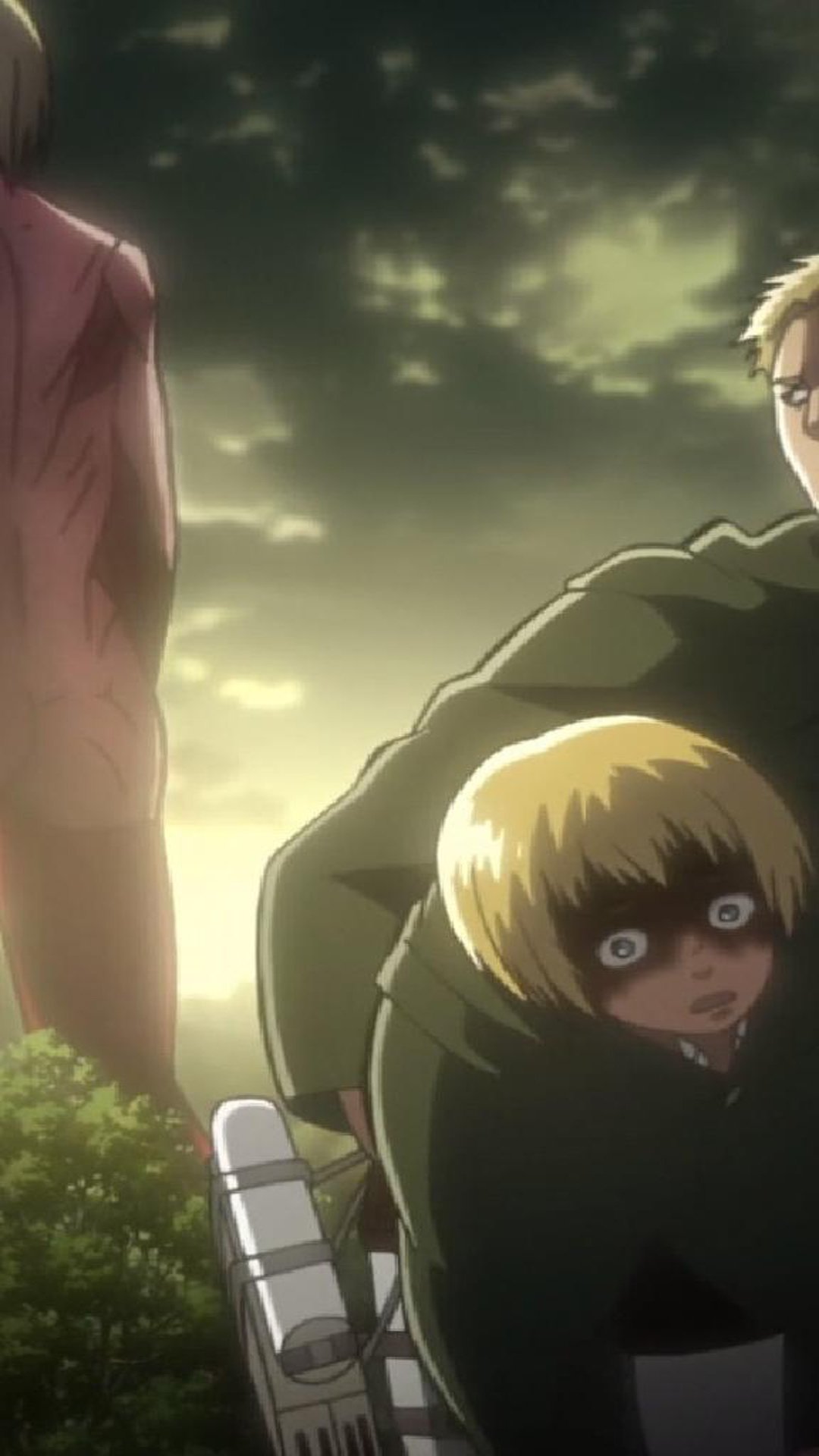 Anime-style Attack on Titan phone wallpaper featuring intense characters in a dark, dramatic setting, designed for both iPhone and Android screens.