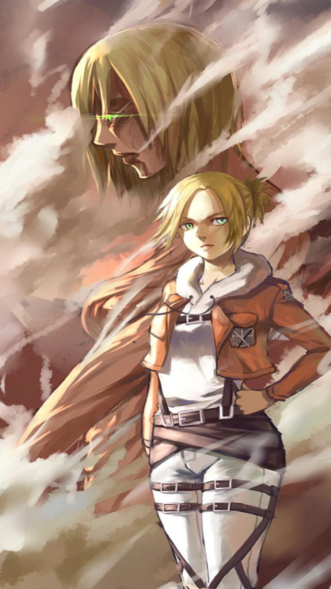 Anime-style Attack on Titan phone wallpaper featuring a determined female character in Survey Corps uniform with a dramatic, smoky background for iPhone and Android.