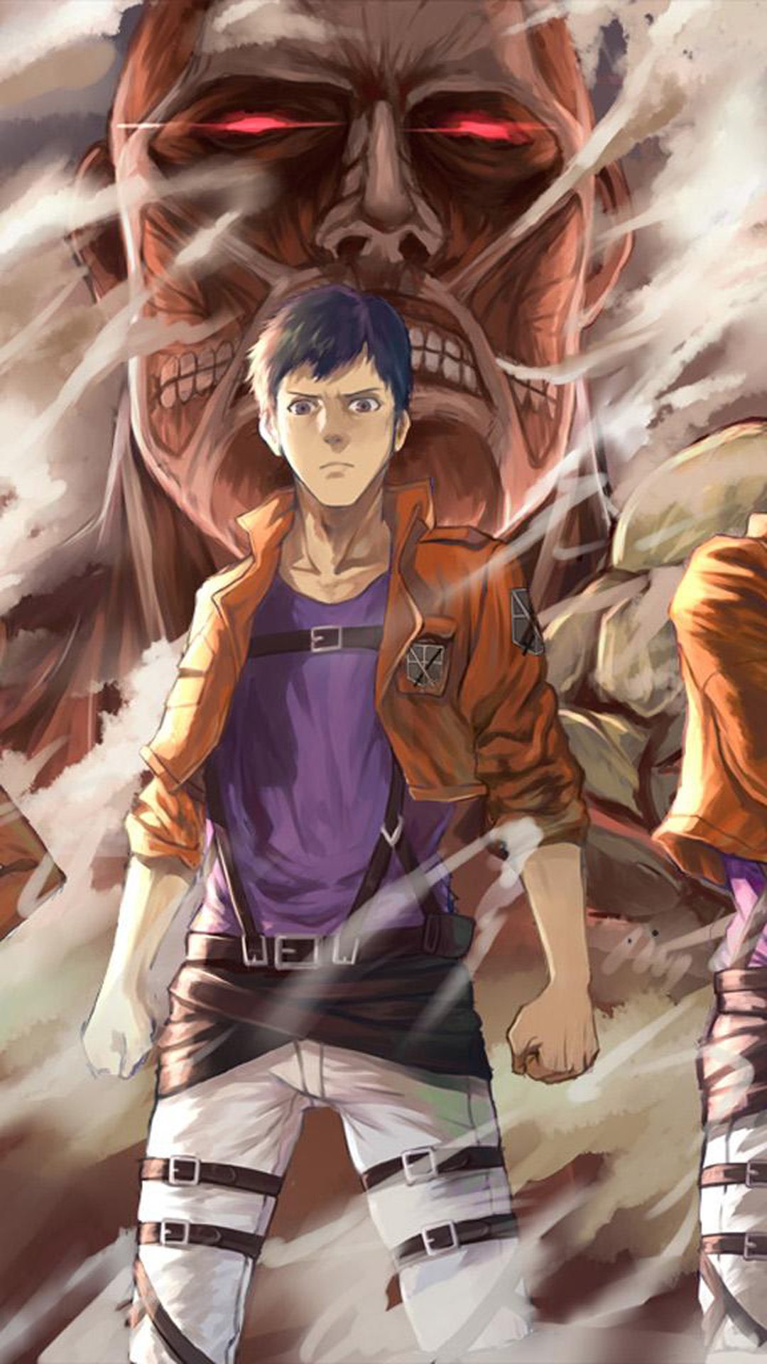 Anime-style Attack on Titan phone wallpaper featuring a determined young soldier in Survey Corps gear with the fearsome Titan looming behind, designed for iPhone and Android screens.