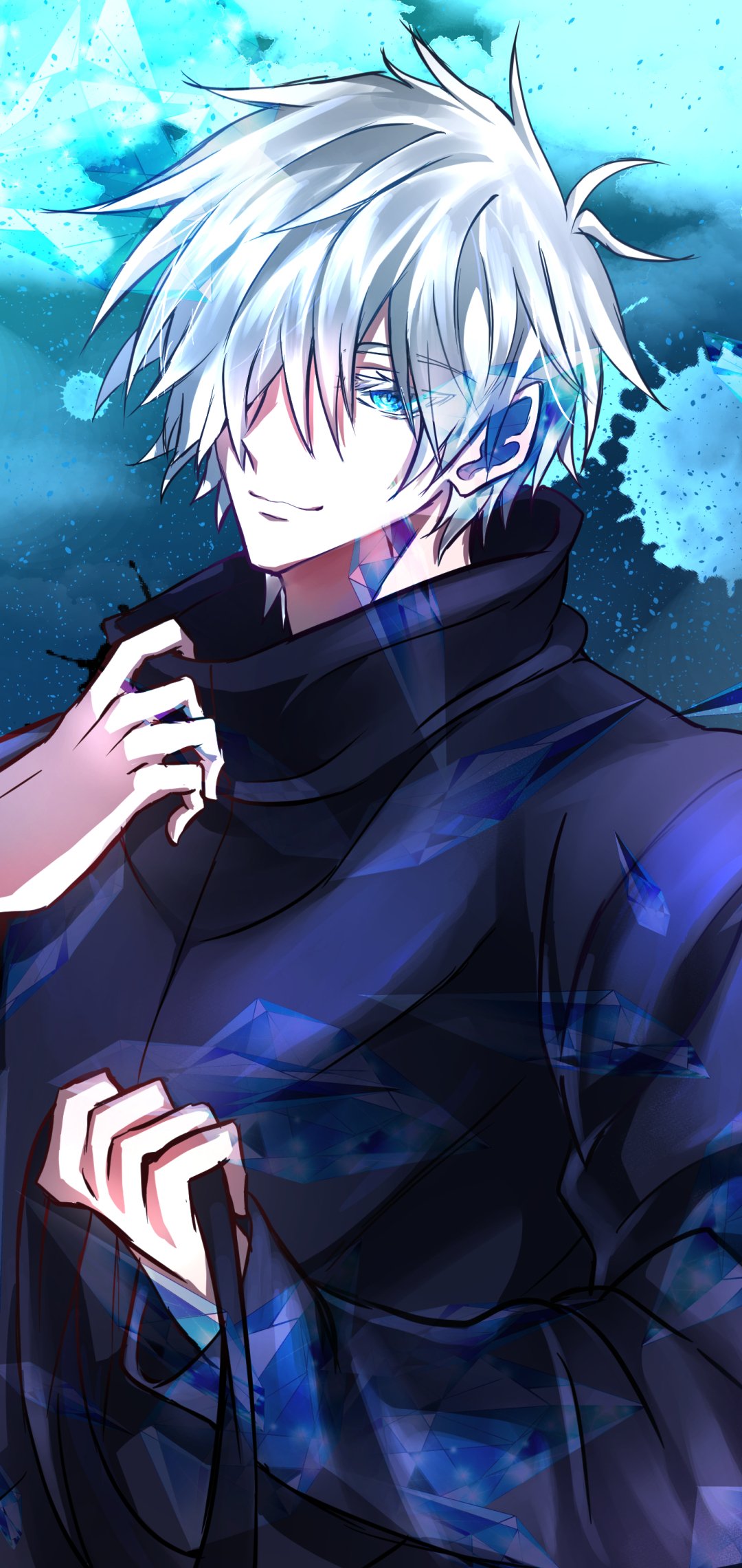 Phone wallpaper featuring Satoru Gojo from Jujutsu Kaisen, showcasing his white hair and blindfold against a vibrant blue abstract background, designed for iPhone and Android screens.