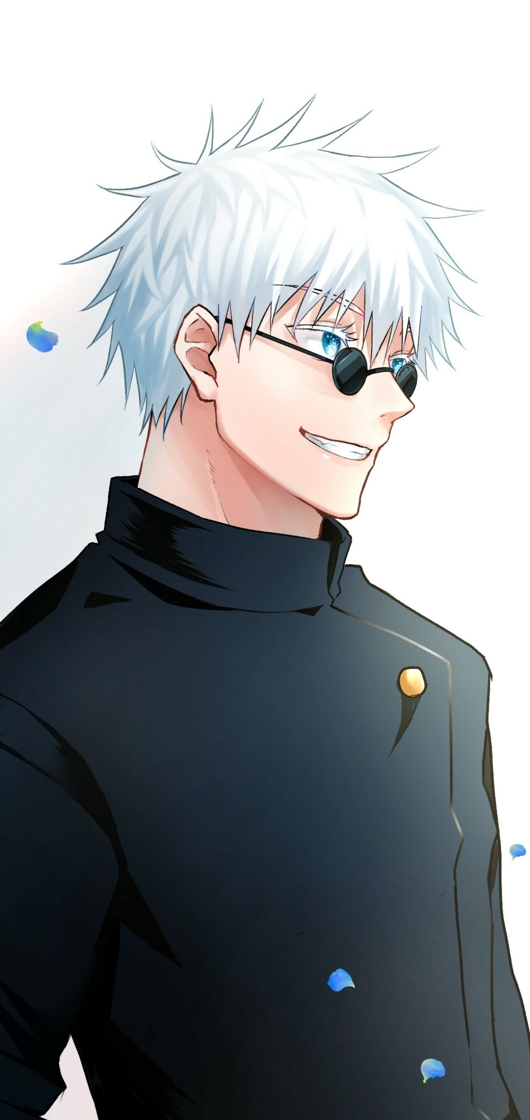 Phone wallpaper featuring Satoru Gojo from the anime Jujutsu Kaisen, showcasing his white hair, black outfit, and signature sunglasses.
