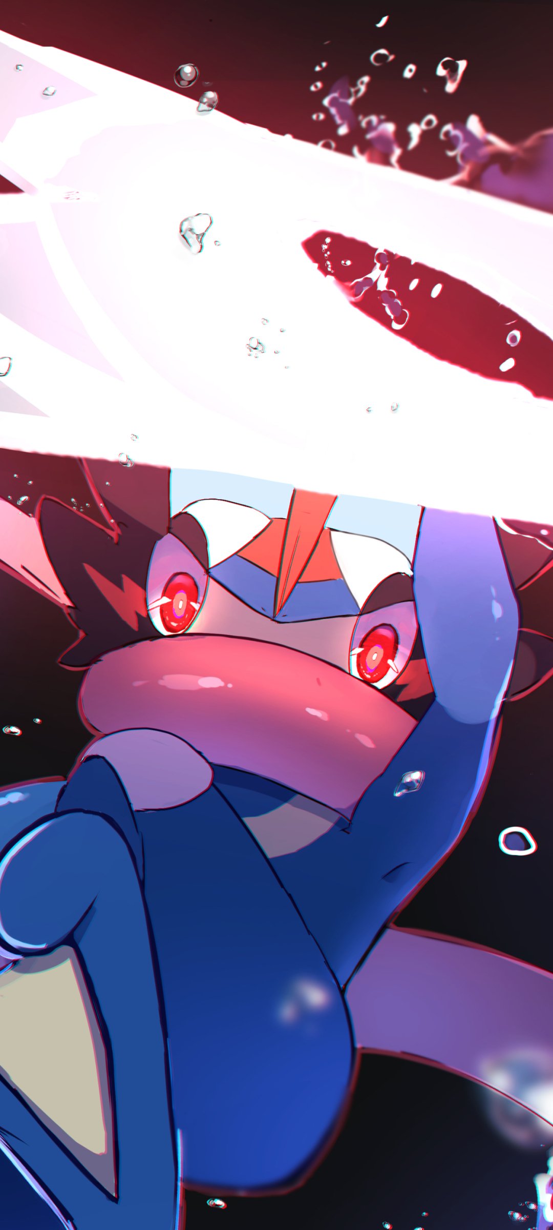 Vertical phone wallpaper of Greninja (Pokémon) from the video game series — close-up action pose with glowing red eyes and a sweeping Water Shuriken splash.