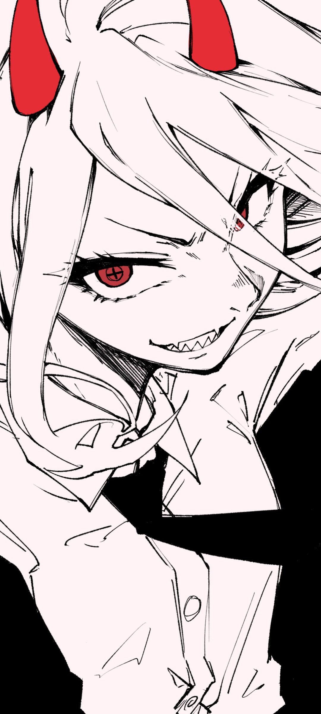 Phone wallpaper of Power from the anime Chainsaw Man — stark black, white, and red close-up of her grin, sharp teeth, and signature red horns and eyes.