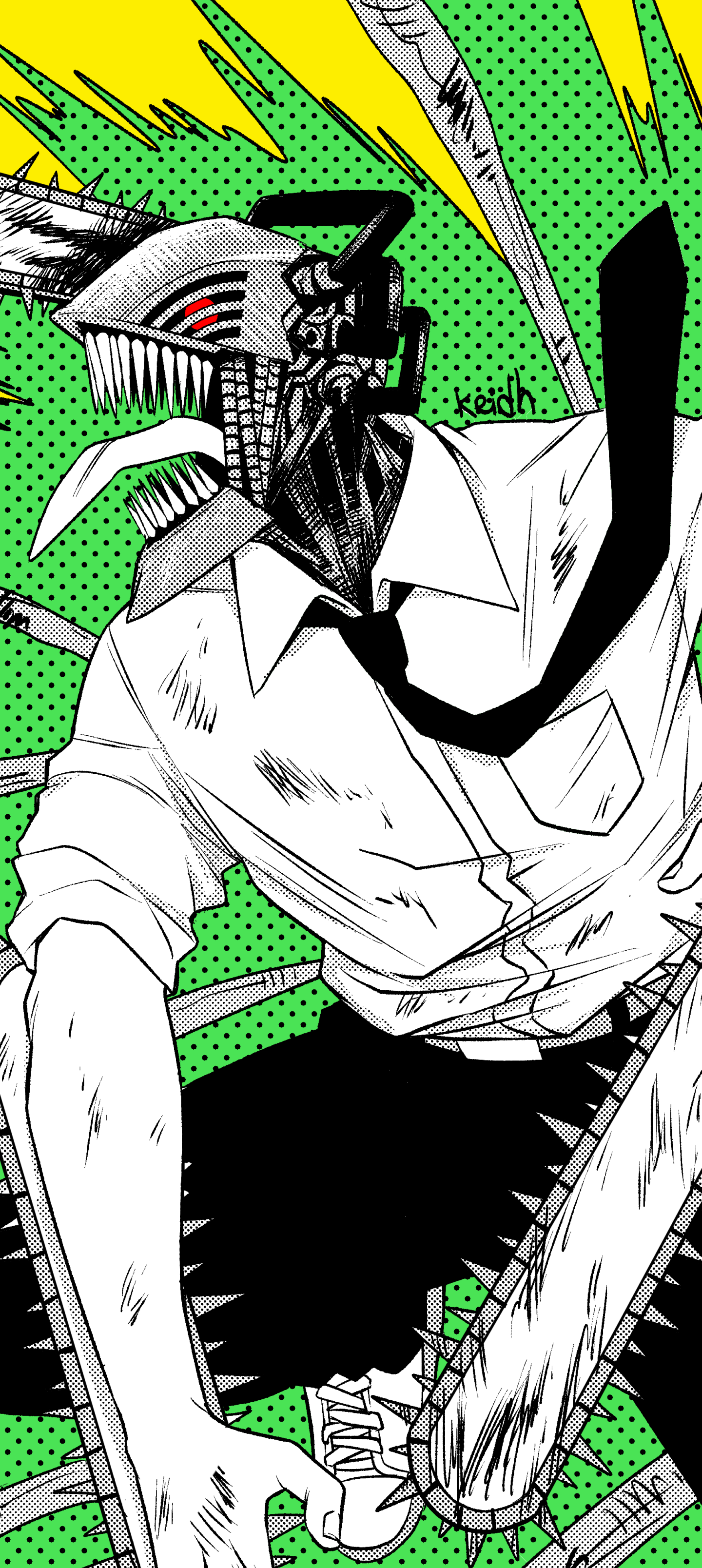 Phone wallpaper of Denji (Chainsaw Man) in anime style: transformed with a chainsaw head and arms, wearing a ripped shirt and loosened tie against green halftone and yellow bursts.