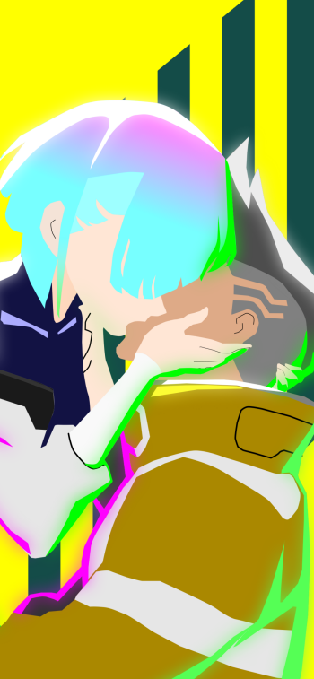 Anime phone wallpaper from Cyberpunk: Edgerunners — cyan-haired character tenderly kisses a shaved-side companion's forehead, neon pink and green highlights against a bold yellow background.