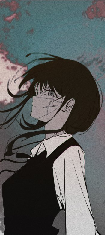 Phone wallpaper of Asa Mitaka — the War Devil from Chainsaw Man — standing against a moody teal sky, hair and school uniform blown by wind, anime art style.