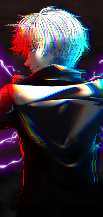 Phone wallpaper of Satoru Gojo from Jujutsu Kaisen anime, featuring vibrant glitch effects and dynamic lighting, compatible with iPhone and Android screens.