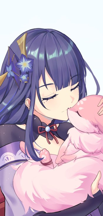 Baal (Raiden Shogun) from the video game Genshin Impact gently cradles a pink fluffy creature, serene close-up portrait phone wallpaper.