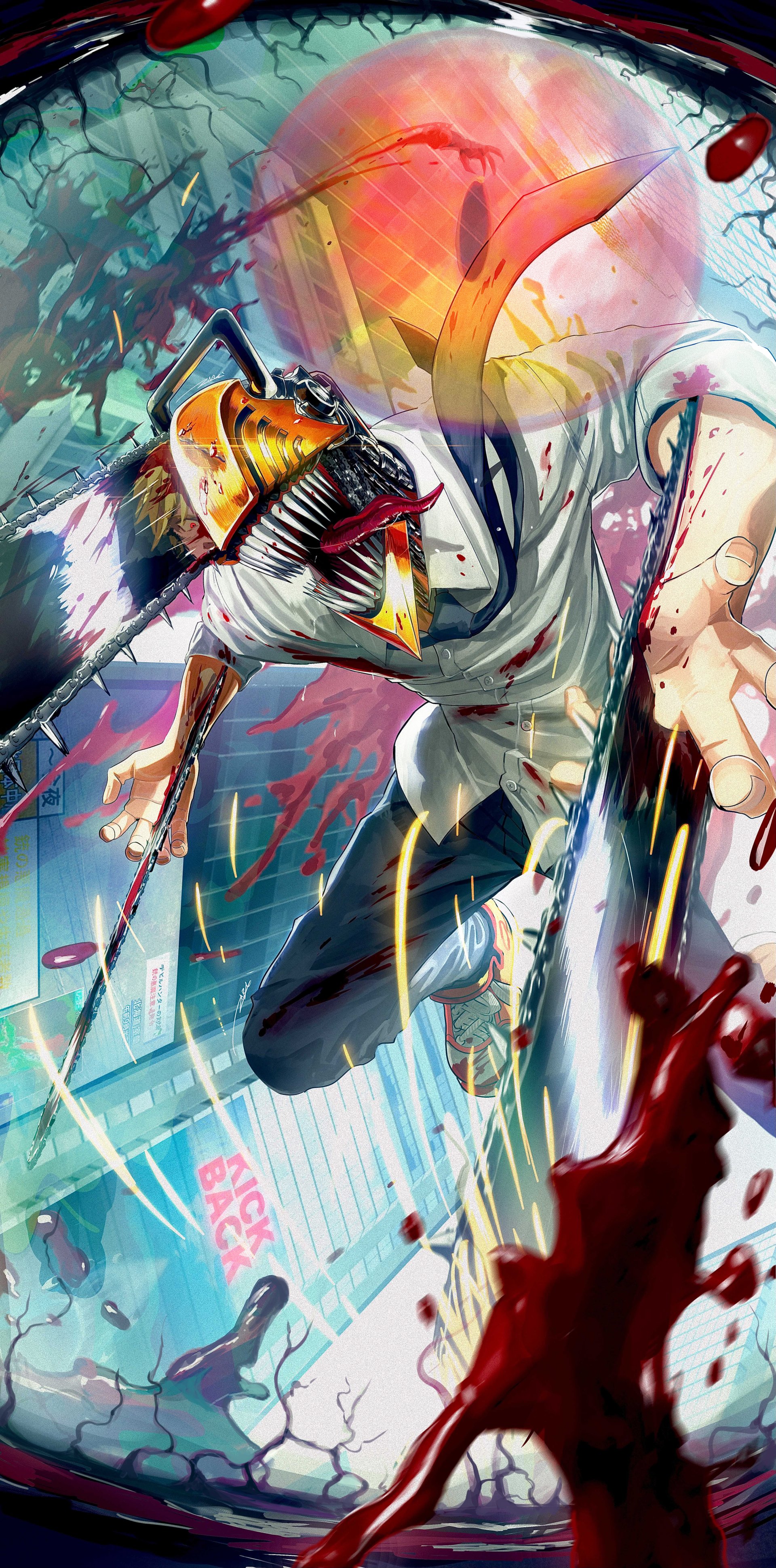 Phone wallpaper of Denji (Chainsaw Man) in anime style, lunging with a chainsaw head amid blood splatters and a neon city backdrop.