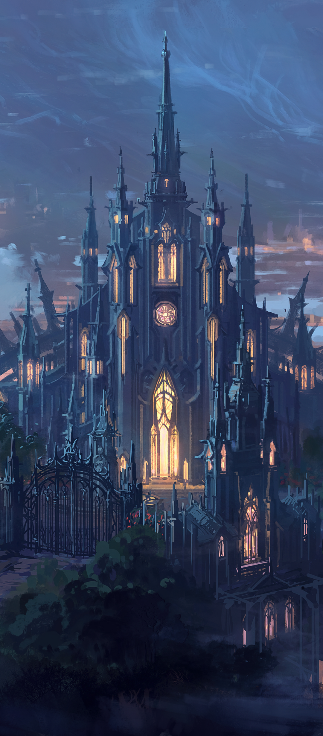 Fantasy castle illuminated at dusk, with intricate spires and glowing windows, designed as a vertical phone wallpaper compatible with iPhones and Android devices.