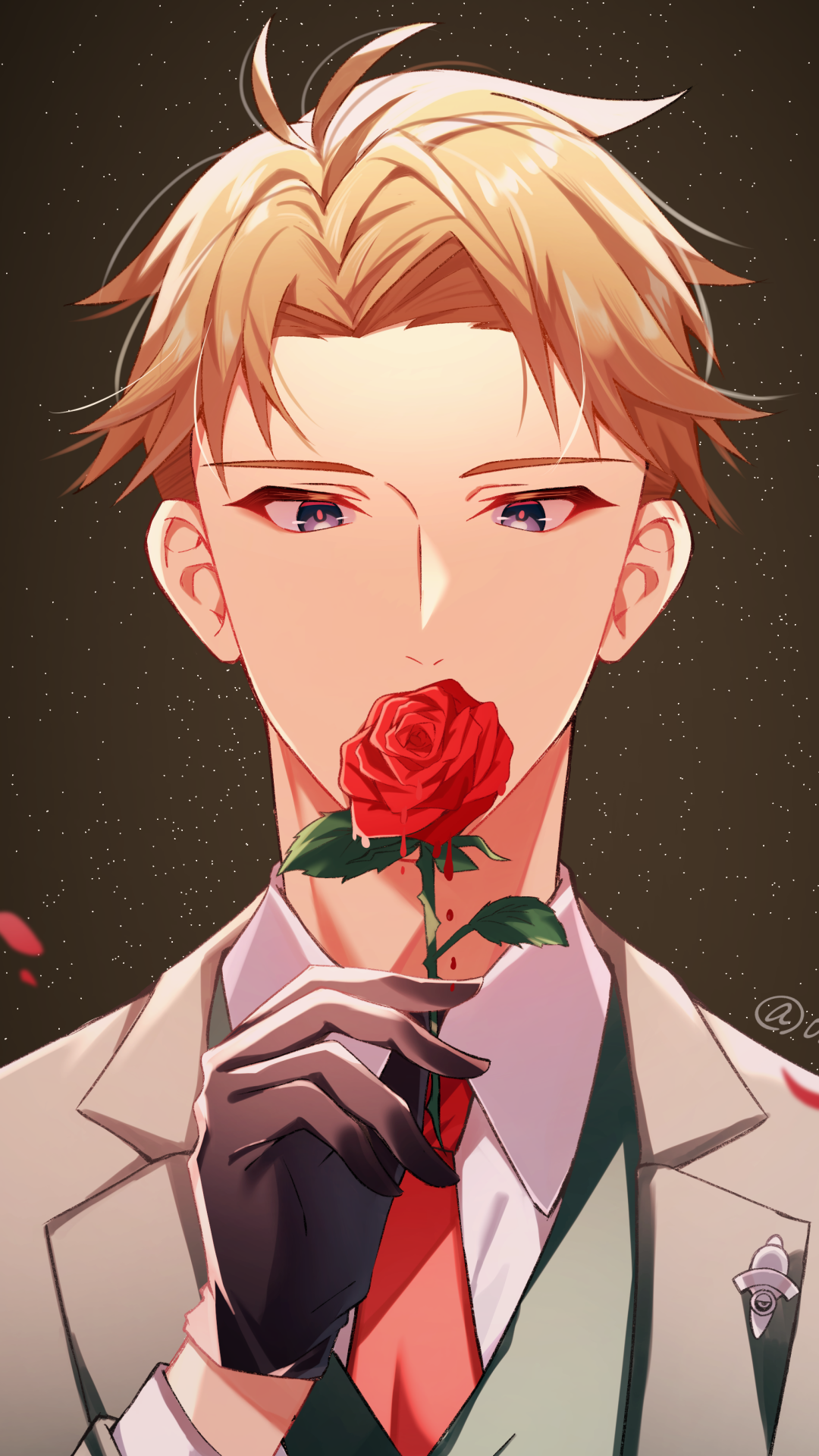Anime-style Spy x Family phone wallpaper featuring a blond male character holding a red rose, designed for both iPhone and Android screens.