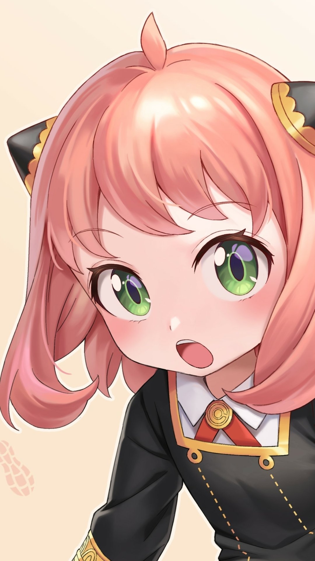 Phone wallpaper of Spy x Family anime featuring a close-up of pink-haired, green-eyed Anya Forger in her black uniform with a playful, surprised expression.