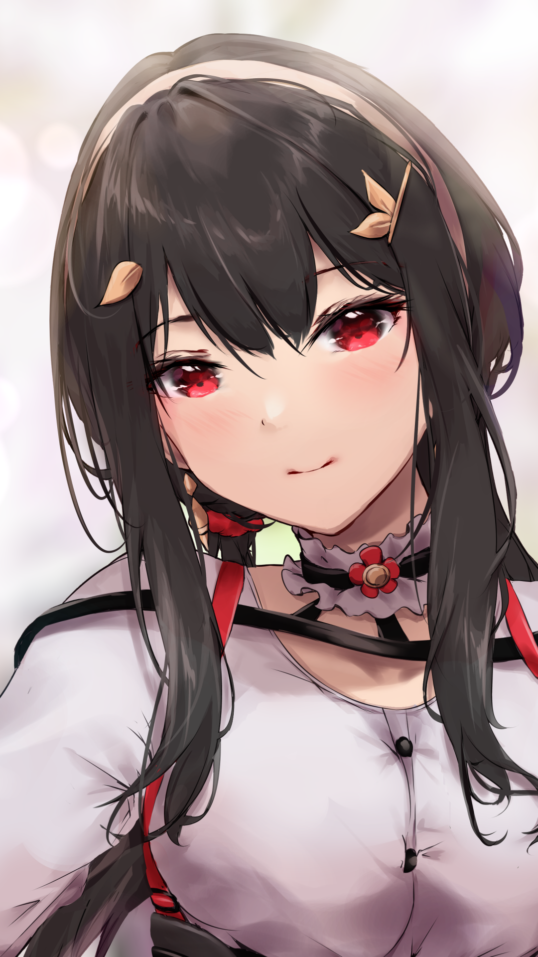 Phone wallpaper — anime (Spy x Family): close-up of a dark-haired woman with red eyes, leaf hair clips, floral choker and white blouse with red straps, gentle smile against a soft bokeh background.